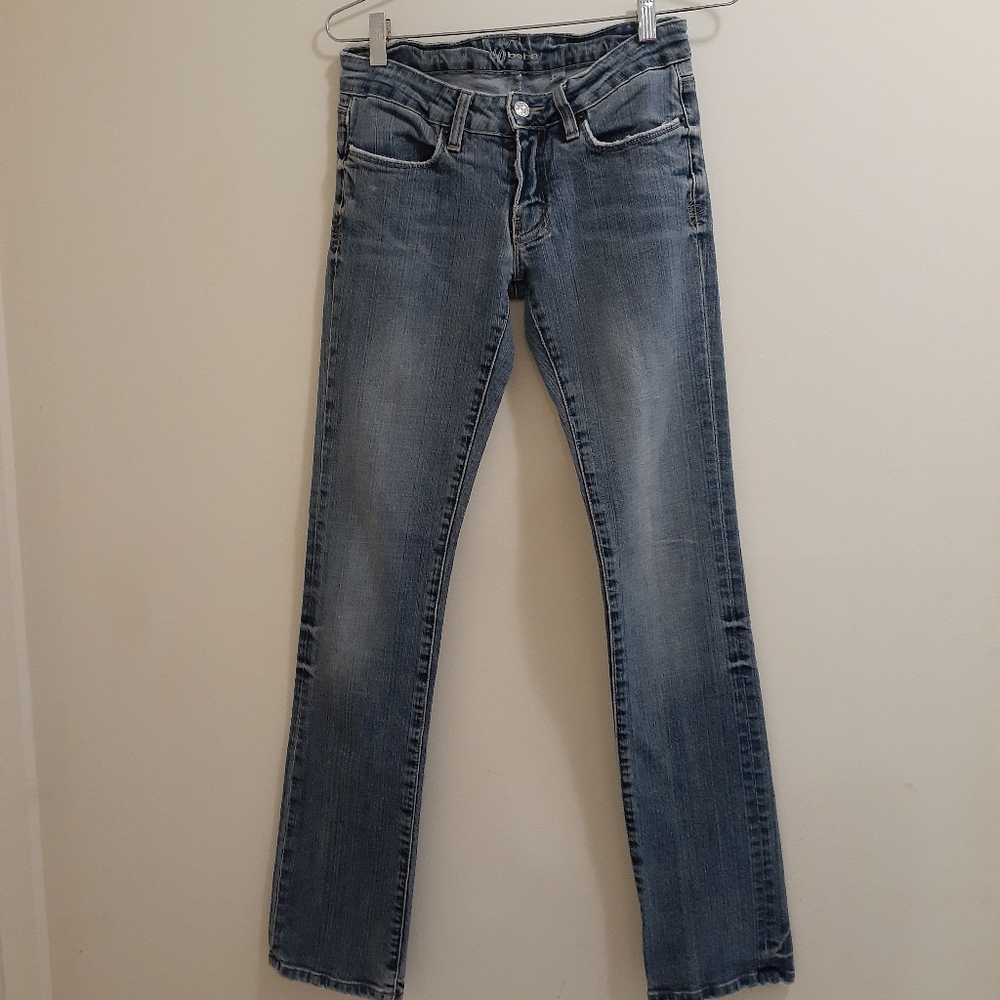 Bebe Distressed Straight Leg lLong Jeans